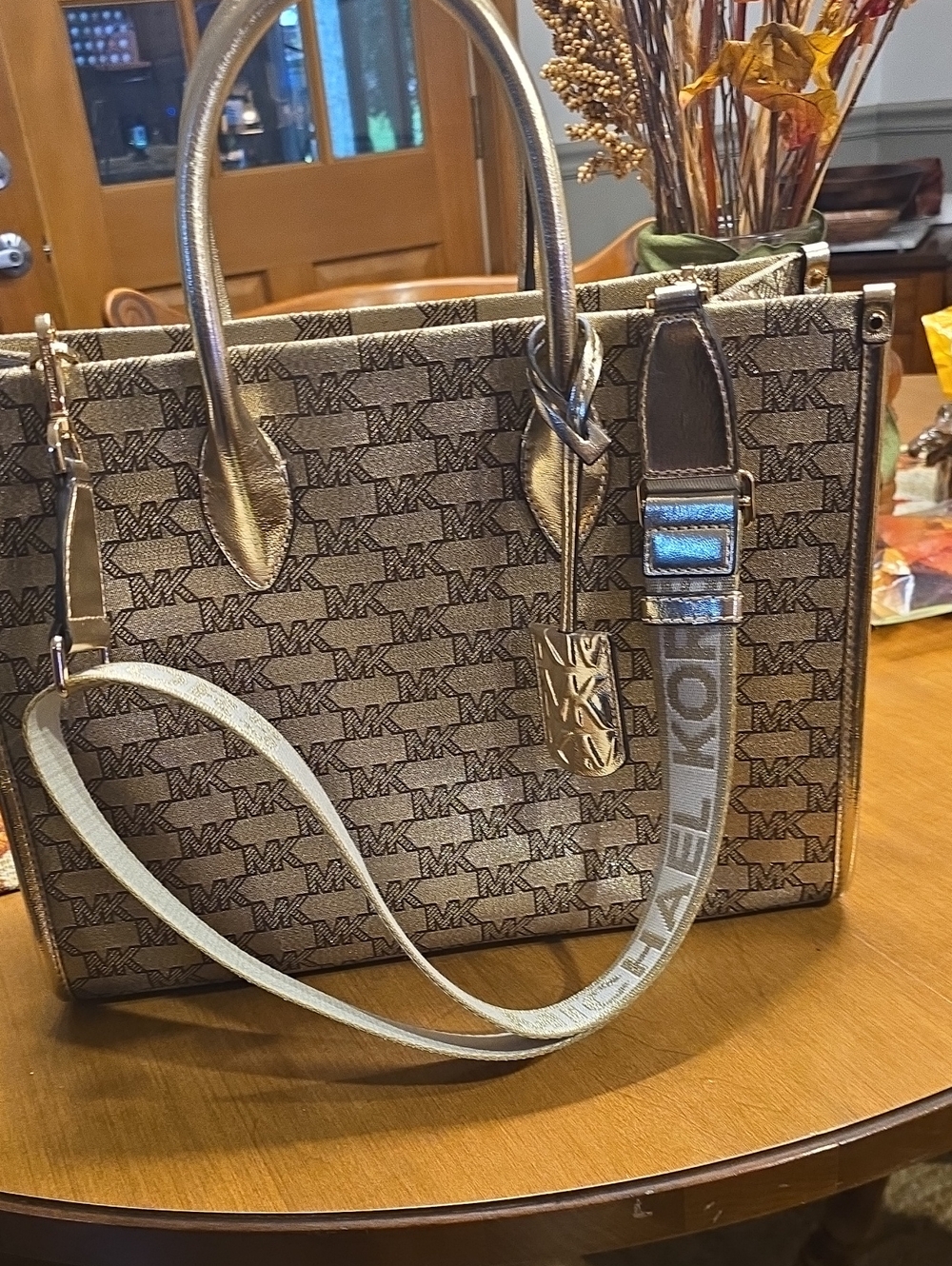 Michael Kors Metallic Gold MK Logo Satchel with Detachable Strap